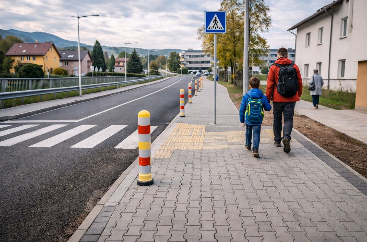 Otec vedie syna do školy po chodníku popri priechode pre chodcov
