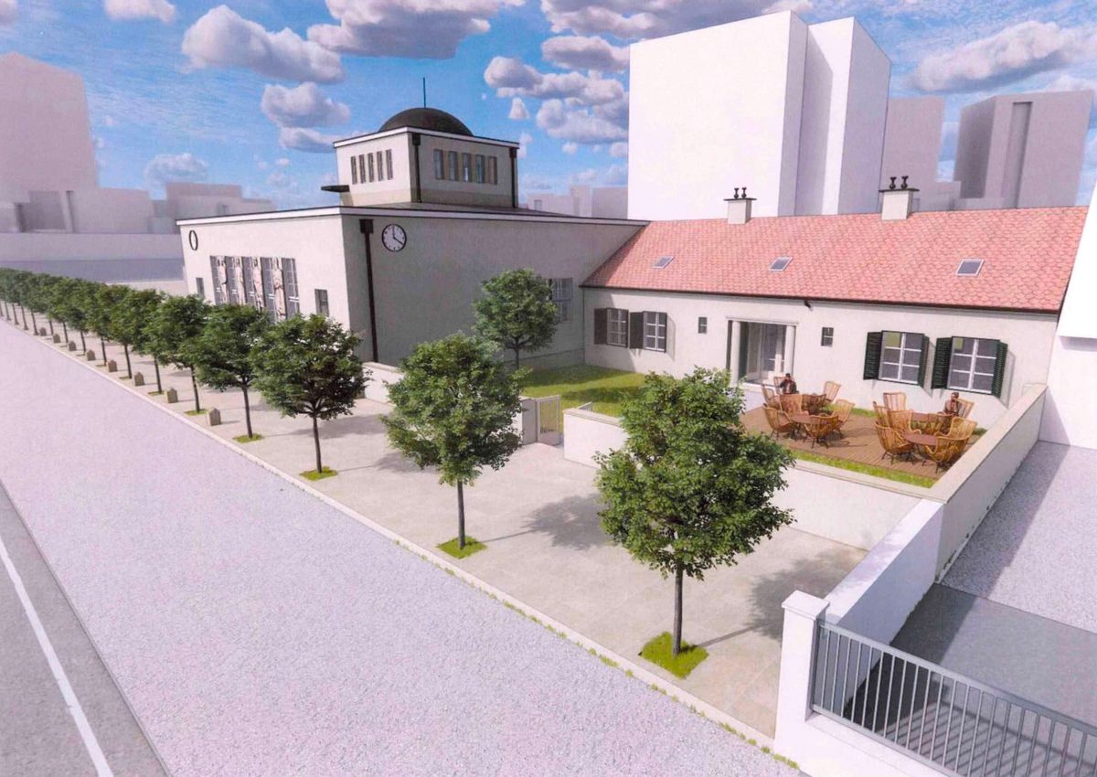 Vizualizácia obnovenej radnice s átriom a terasou